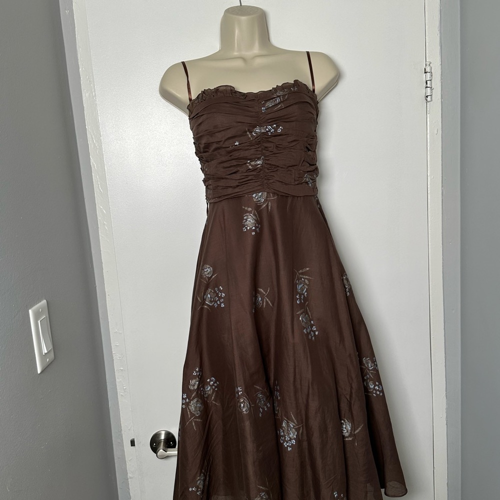 Odille STRAPLESS DRESS 100% Cotton in Mocha Brown with Blue Flowers